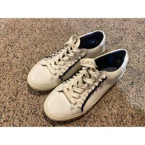 Tory Burch Sport Leather Sneakers Size 8.5 M White with Navy Ruffle Shoes Womens